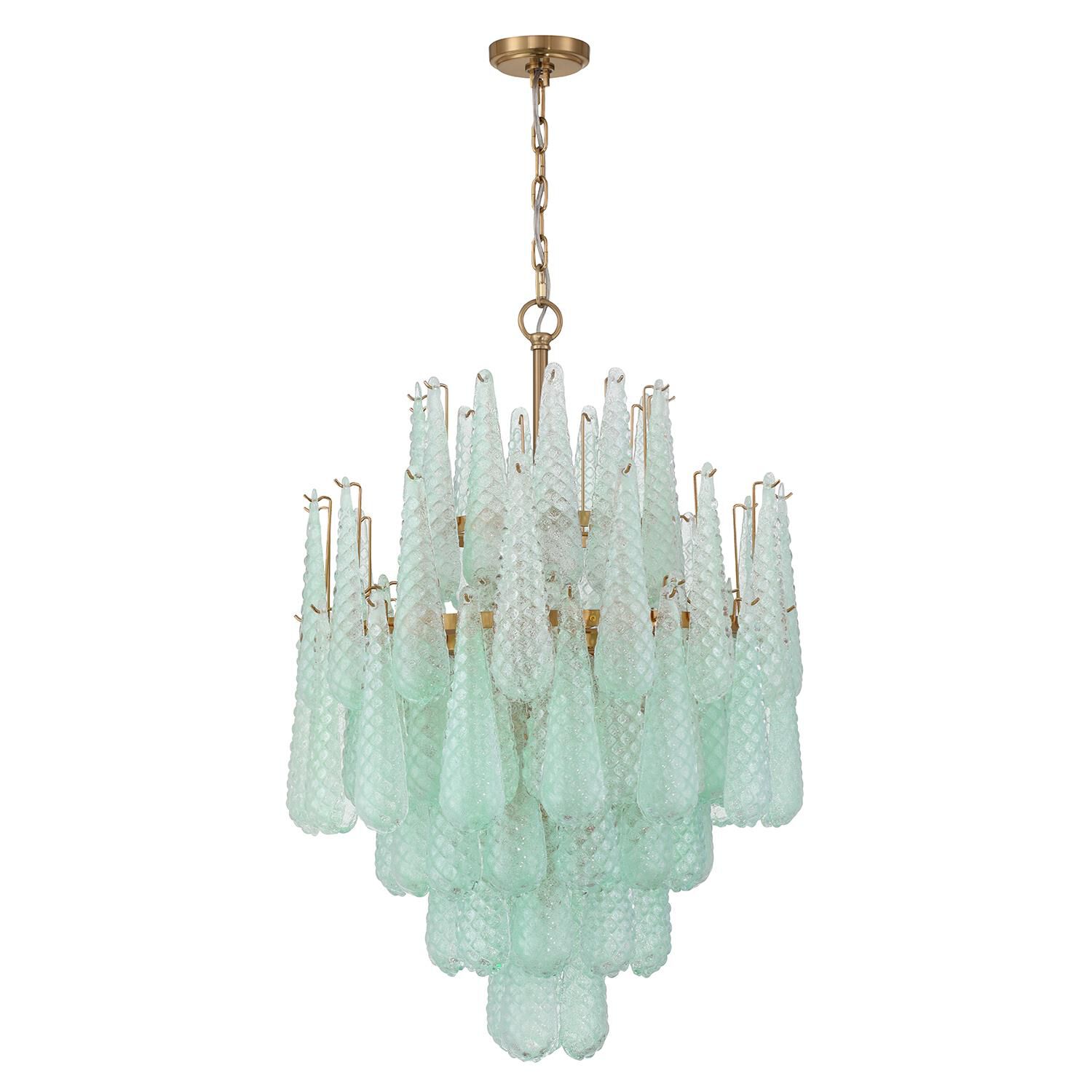 Shown in Aged Brass finish and Sand Green glass